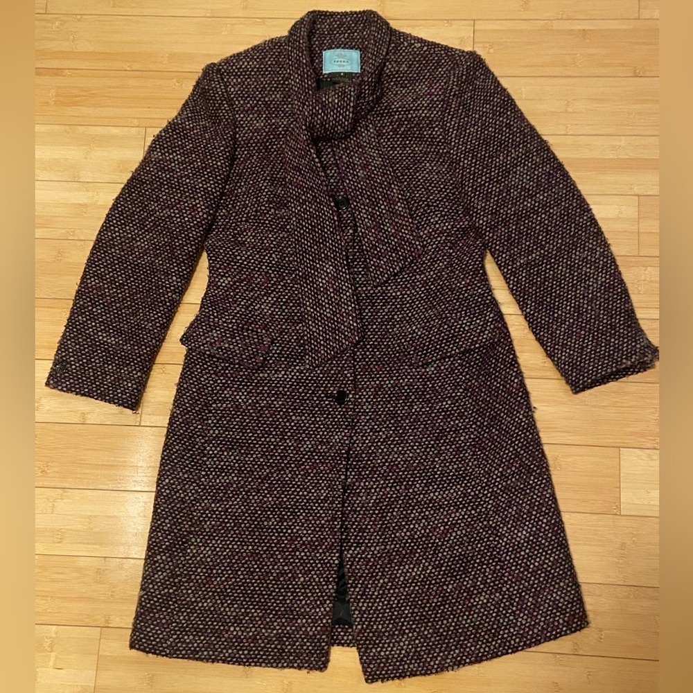 Vintage Wool-Blend Textured Longline Coat Built-in Scarf | Bouclé Sz 6 - Picture 4 of 13